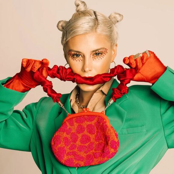 NWOT BRUNNA CO Arnoldi Jean Hand-beaded Scrunch Clutch Red Pink - Picture 1 of 5